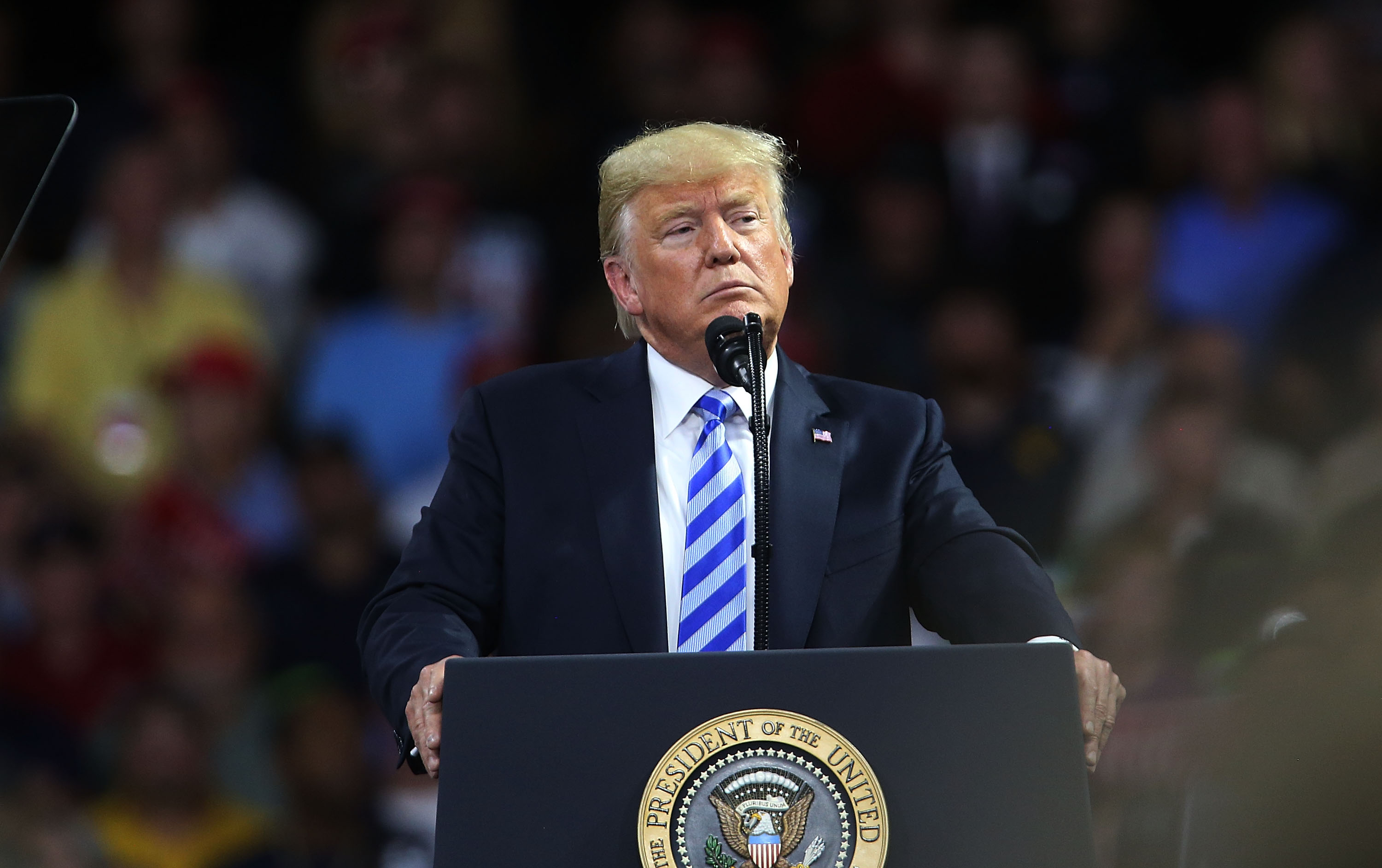 President Trump speaks at a rally at the Charleston Civic Center on August 21, 2018 in Charleston, West Virginia.