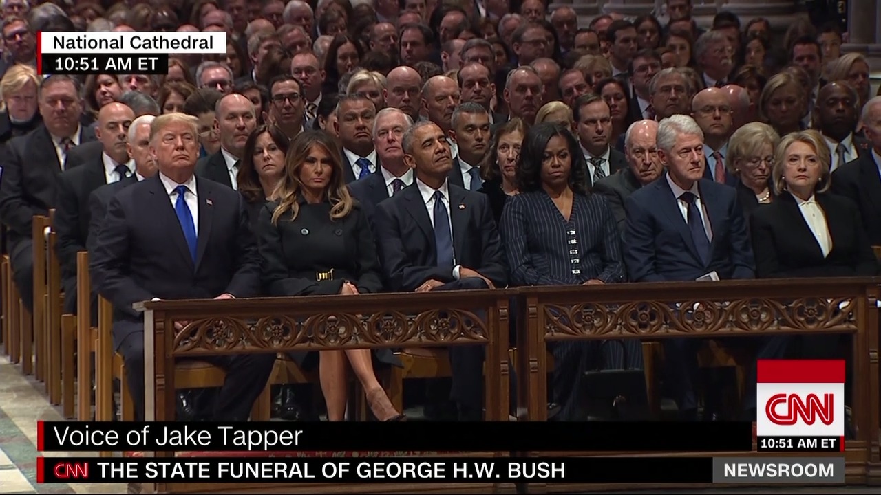 President Trump, first lady Melania Trump, former President Barack Obama, former first lady Michelle Obama, former President Bill Clinton and former secretary of state (also: former first lady, Democratic presidential nominee) Hillary Clinton sit in the first row at former President George H.W. Bush's funeral. Former President Jimmy Carter is also seated in this row, but not pictured. 