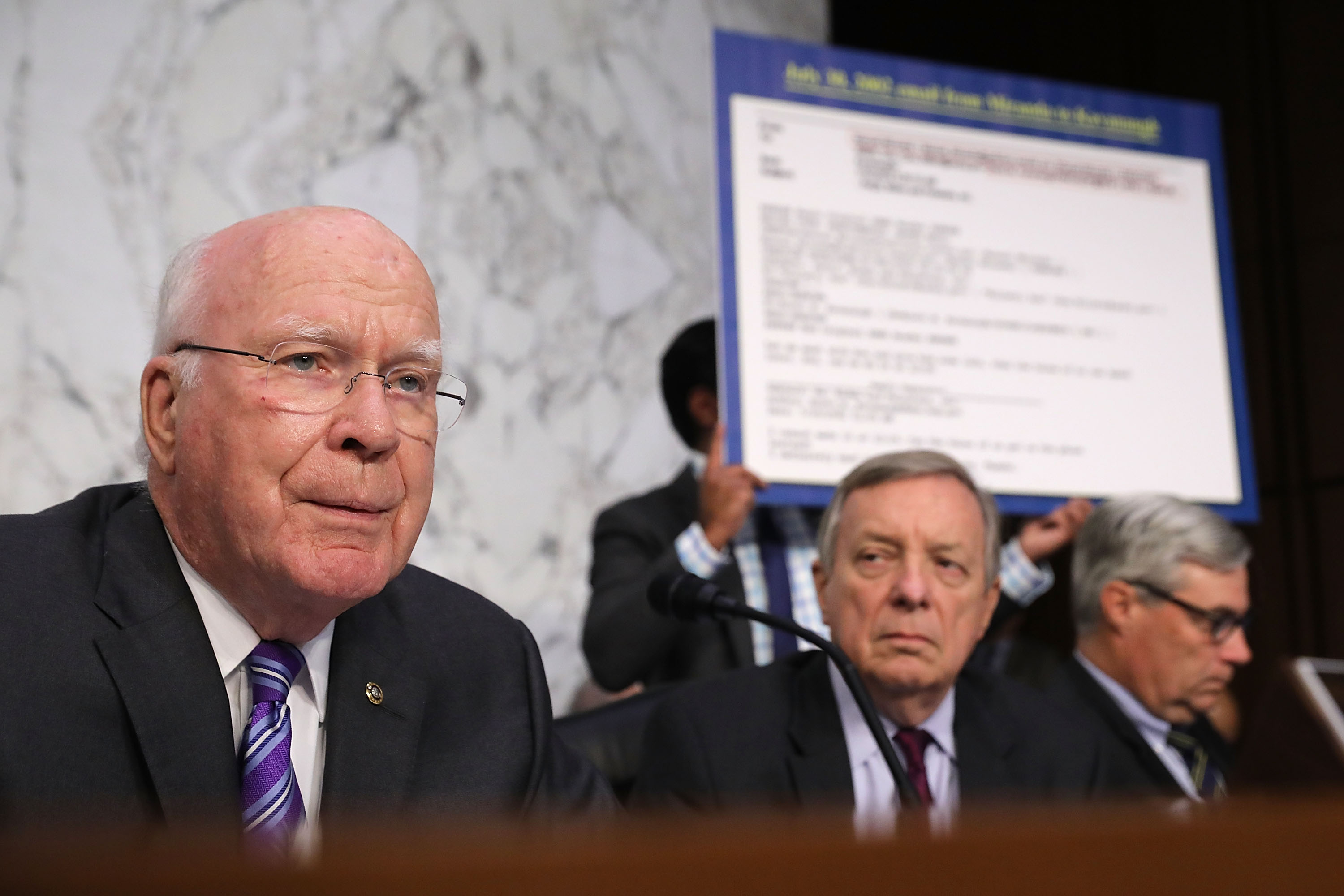 Senate Judiciary Committee member Sen. Patrick Leahy (D-VT) (L) questions Supreme Court nominee Judge Brett Kavanaugh during the second day of his confirmation hearing on Capitol Hill September 5, 2018 in Washington, DC.