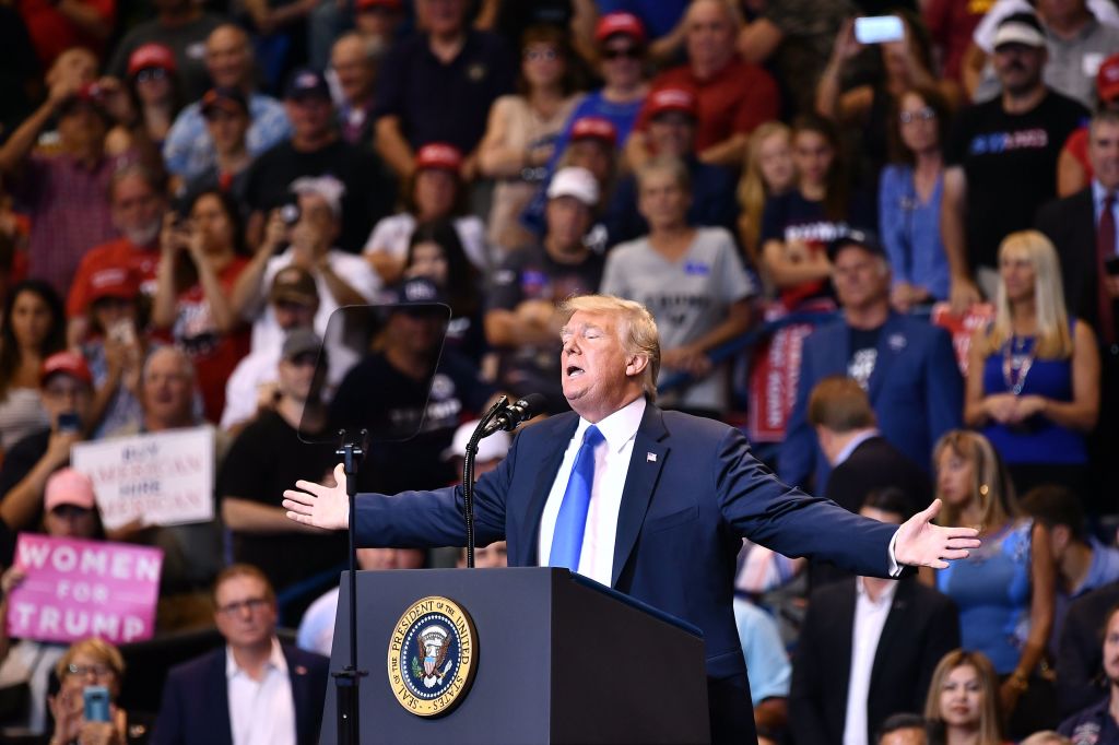 President Donald Trump speaks at a rally at Mohegan Sun Arena in Wilkes-Barre, Pennsylvania, on Aug. 2, 2018. 