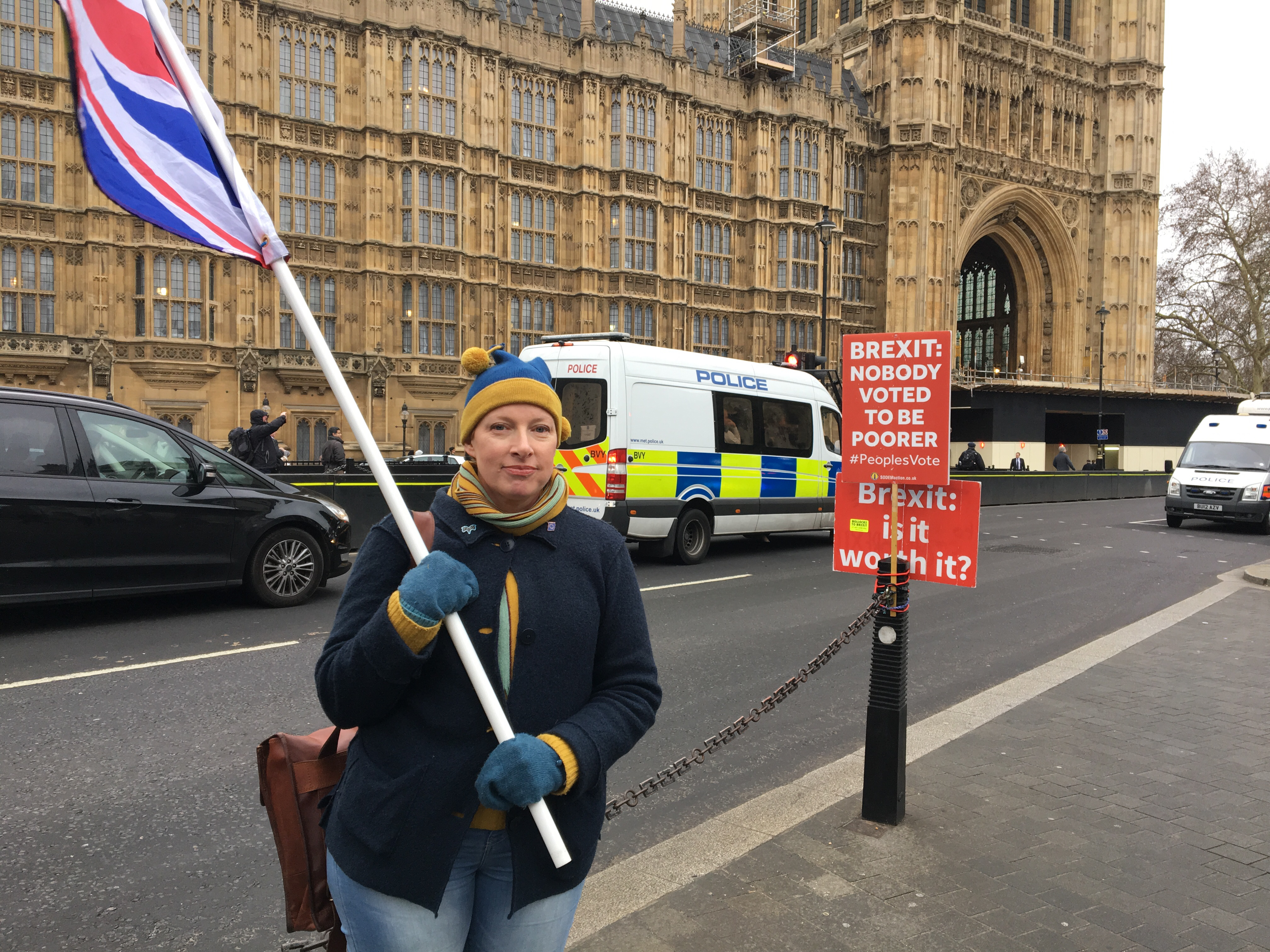 Cynthia Porter traveled from Wales to protest outside Parliament on Wednesday.