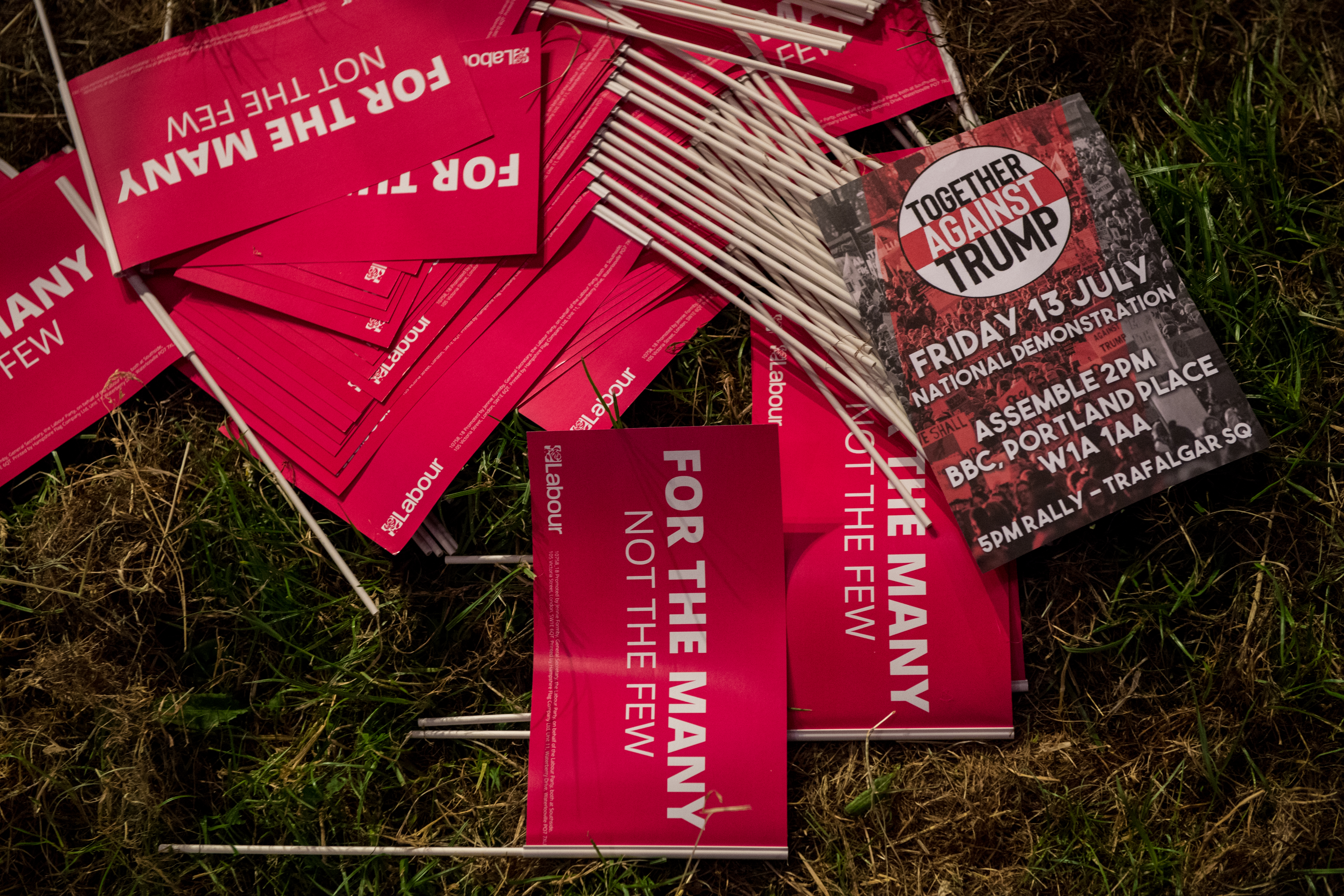 A leaflet for a July protest against Trump is seen amongst Labour party flags on June 16, 2018 in London, England.  