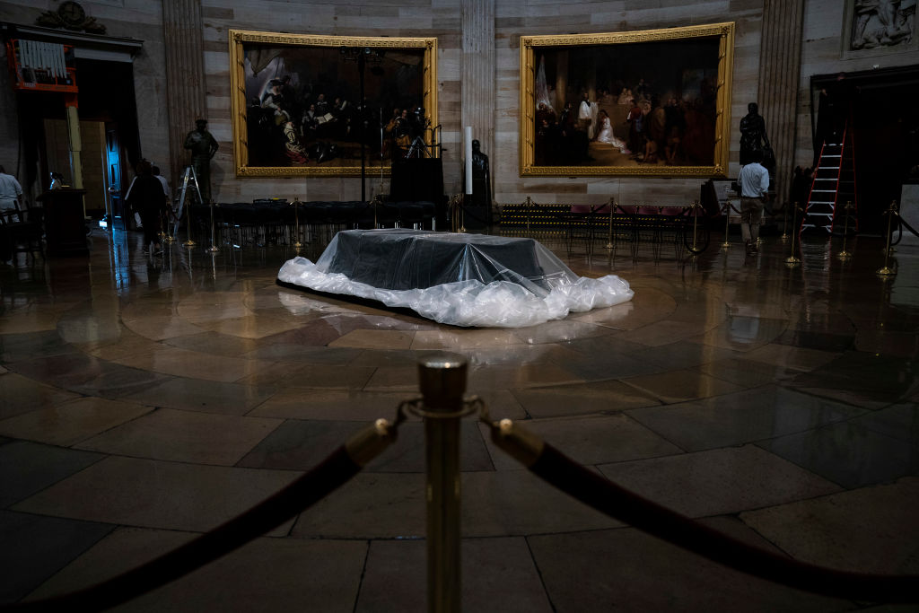 The catafalque is prepared where the casket of the late former President George H.W. Bush will lie in state sits inside the Rotunda of the US Capitol, Dec. 3, 2018 in Washington, DC.