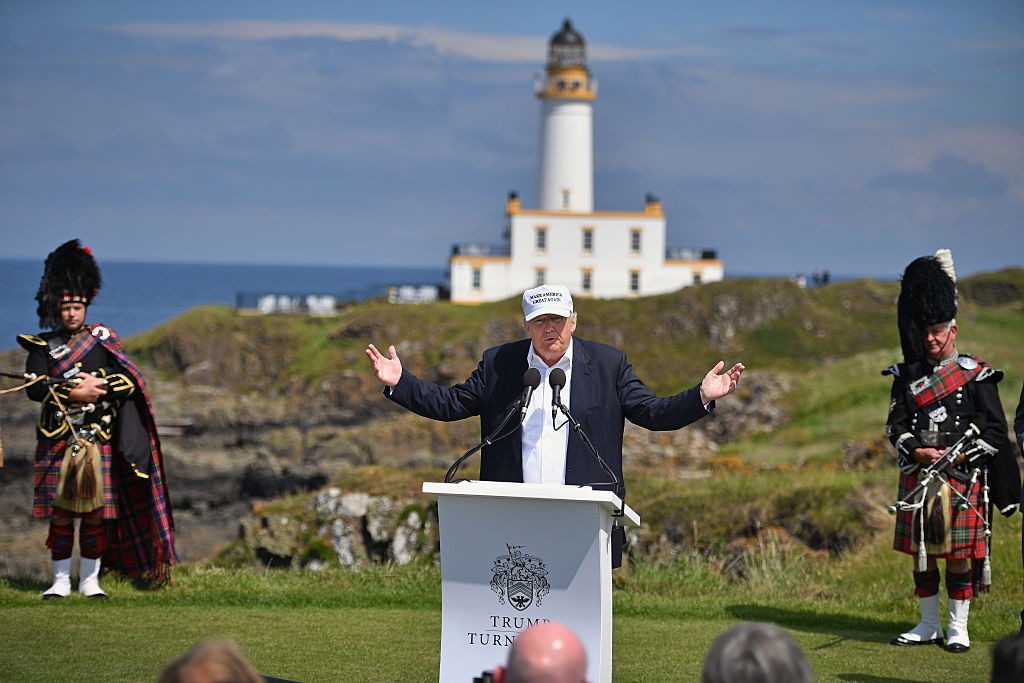 Donald Trump gives a press conference on the 9th tee at his Trump Turnberry Resort on June 24, 2016 in Ayr, Scotland, one day after the Brexit referendum.