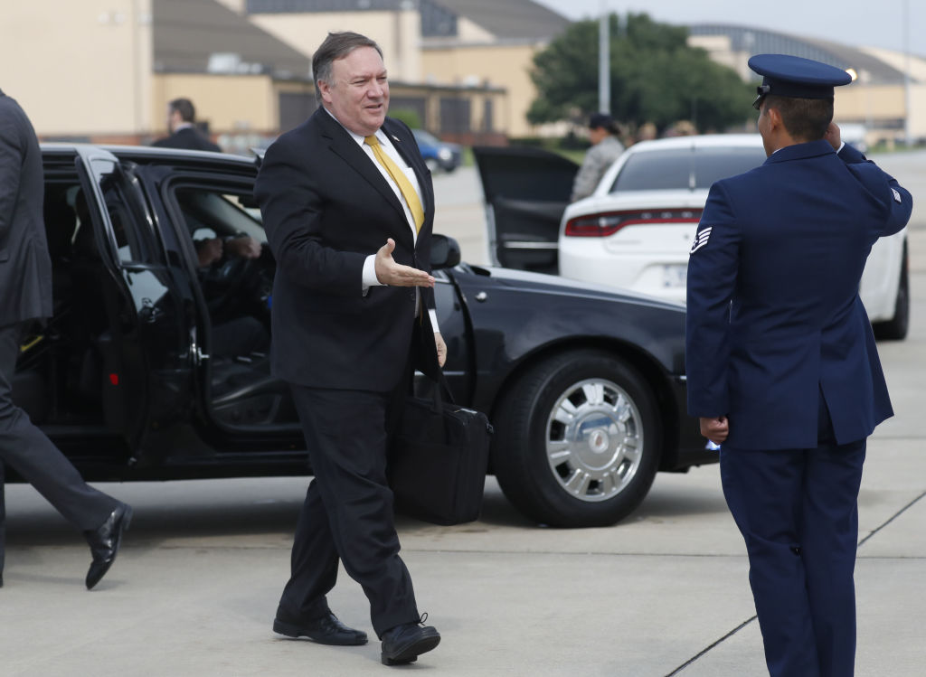 Secretary of State Mike Pompeo heads to his plane to depart for meetings with Crown Prince Mohammed bin Salman in Saudi Arabia from Joint Base Andrews, Maryland on Oct. 15, 2018.