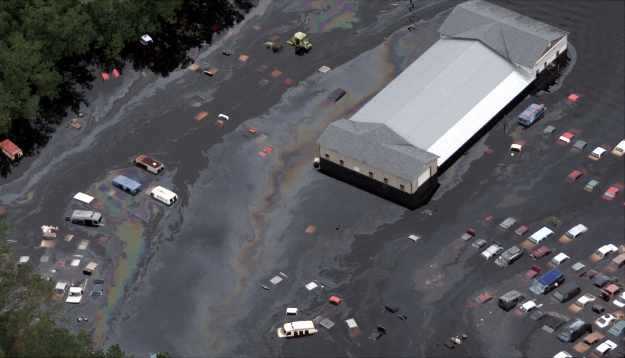 An auto salvage yard just outside Wallace, North Carolina, floods after Hurricane Floyd in 1999. Wallace is situated along the northeaster area of the state near Cape Fear River. 