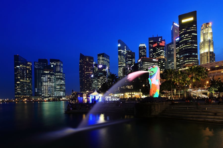 Singapore skyline at night with merlion