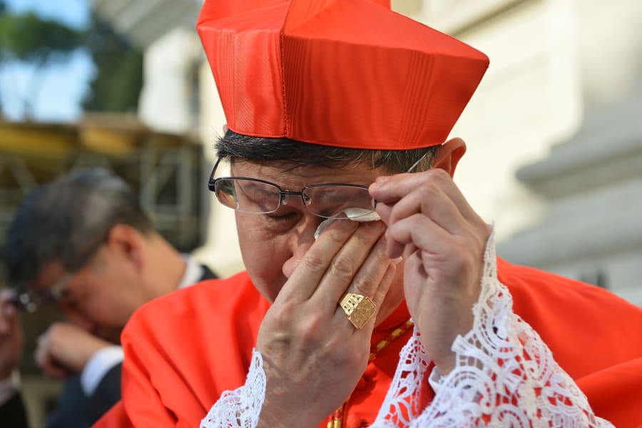 Cardinal Luis Antonio Tagle cries