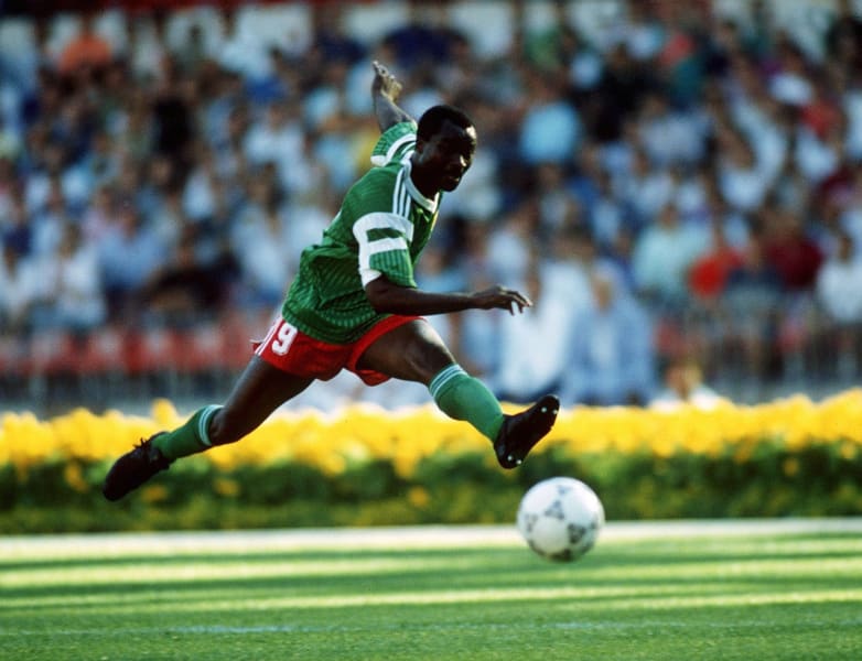 Roger Milla Cameroon action 1990 World Cup