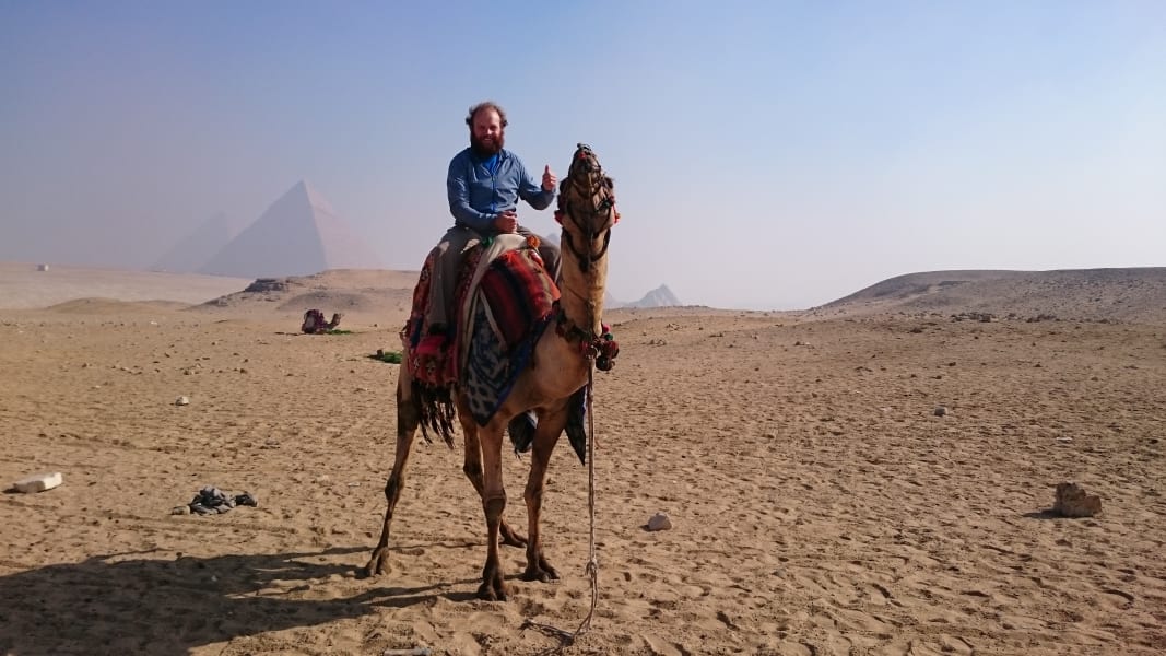 Rutland on a camel in Egypt