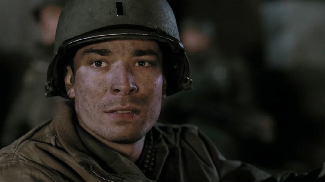 Jimmy Fallon in the cast of Band of Brothers looks on in a scene
