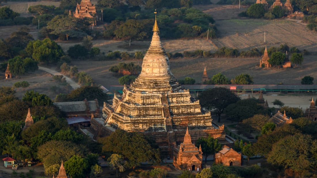 This photograph taken on January 18, 2020 shows an aerial view of the temples of Bagan, an ancient city and a UNESCO World Heritage Site. (Photo by Mladen ANTONOV / AFP) (Photo by MLADEN ANTONOV/AFP via Getty Images)