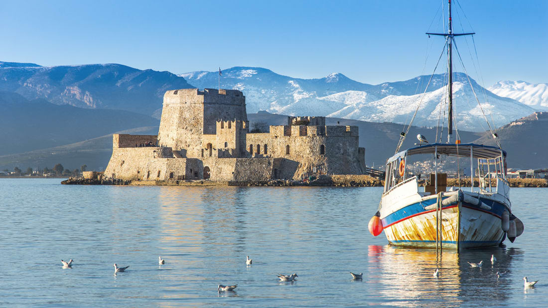 The Bourtzi water castle is a small island with a fortress at the coast of Nafplio in Greece