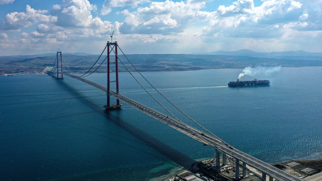 An aerial view of the 1915 Canakkale Bridge, connecting Lapseki district to the Gelibolu and to be opened on March 18, as preparations continue for its opening in Canakkale, Turkiye on March 14, 2022.