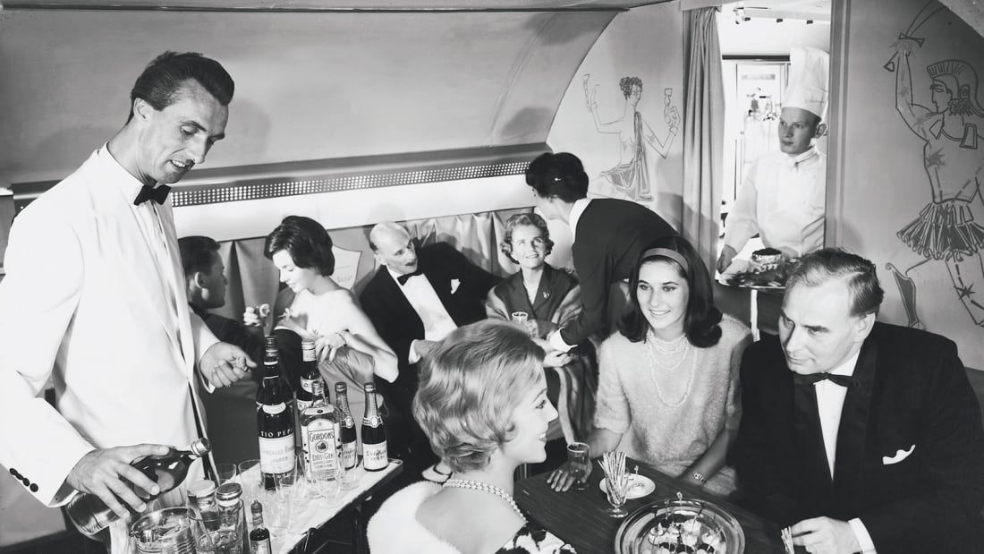 Bacchanalian motifs served as a backdrop to cocktail hour on Lufthansa's first-class 'Senator' service in 1958.