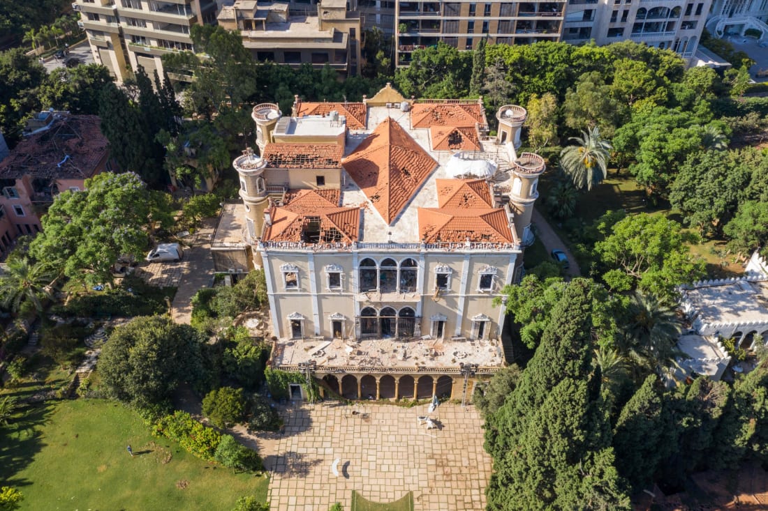 An aerial view of Sursock Palace, damaged in the explosion on August 7.