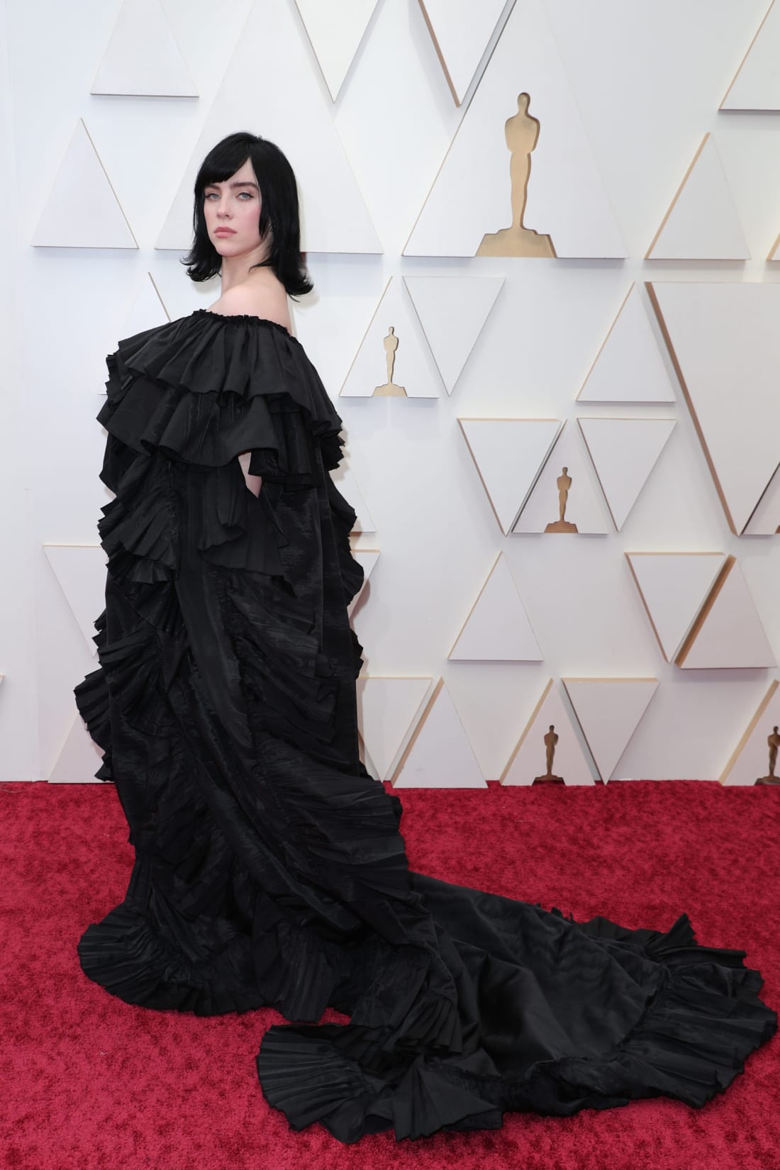Billie Eilish donned a black tiered Gucci ballgown for the event.