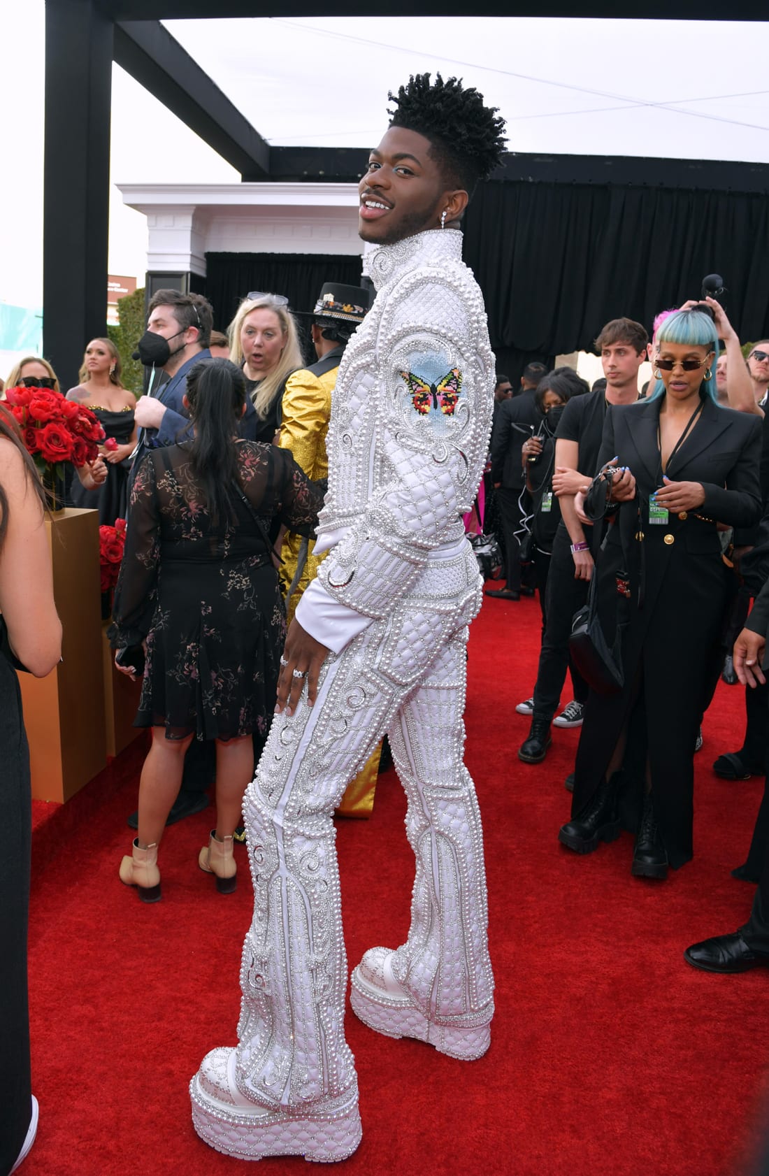 Lil Nas X wore an embroidered custom suit by Balmain.