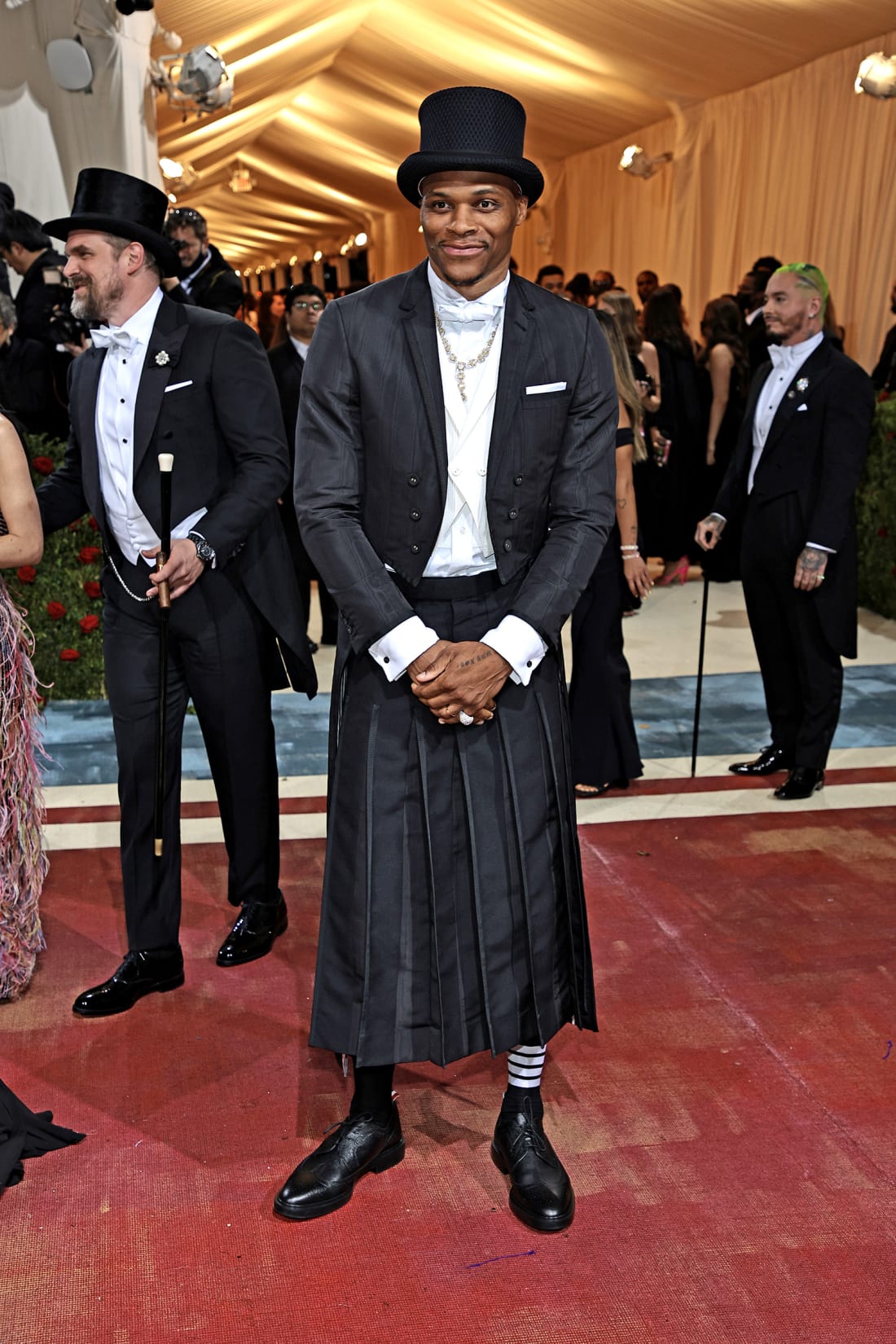 NBA star Russell Westbrook wore a Thom Browne kilt and matching black top hat. 