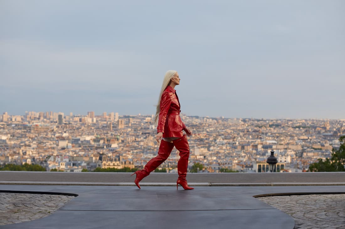 A striking red leather look closed the show.