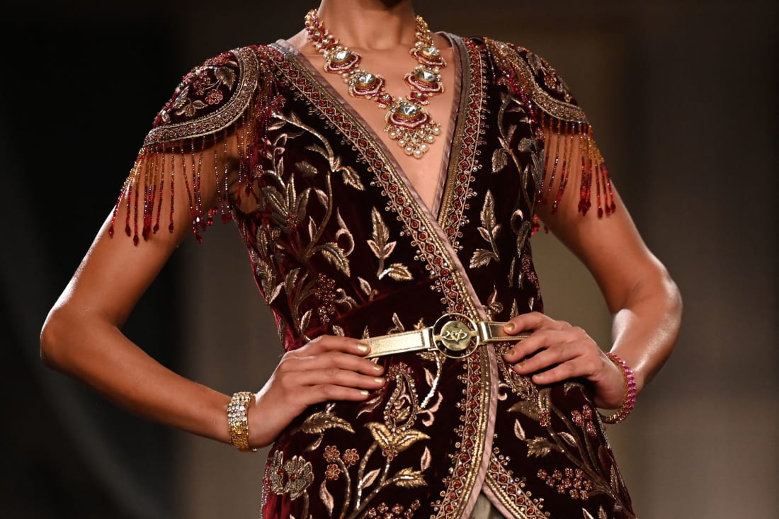 A model presents a creation by designer JJ Valaya during the FDCI India Couture Week in New Delhi on July 24, 2022. 