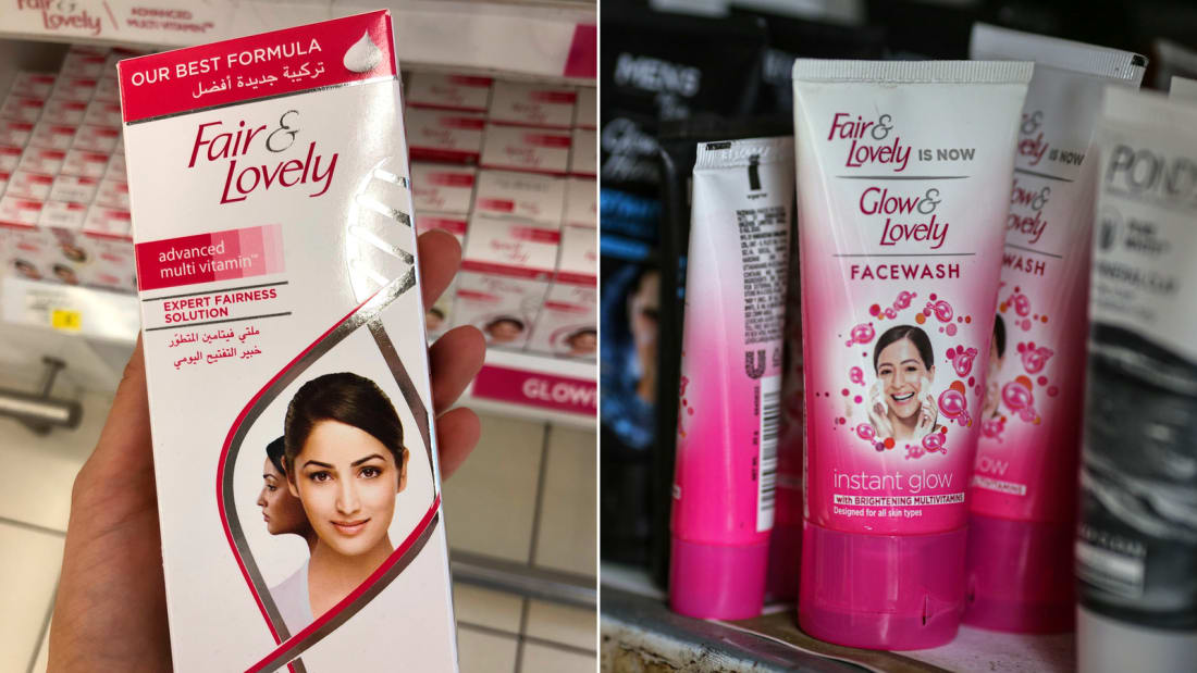 In 2020, consumer giant Unilever announced that it was changing the name of its controversial Fair & Lovely brand to Glow & Lovely. The type of packaging seen on the left (pictured in Dubai, United Arab Emirates, in 2020) has since been replaced with the branding on the right (pictured in Mumbai, India, in 2021), though campaigners note that the former name of the cream still features prominently, as do images of lighter-skinned women.