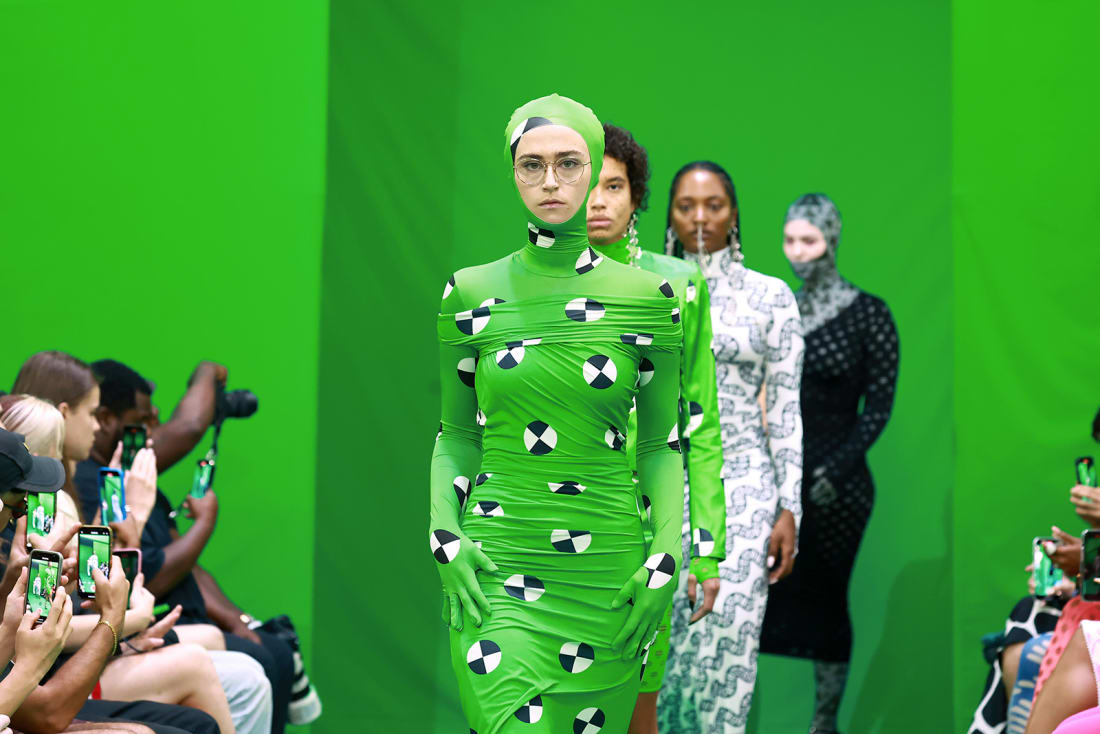 Ella Emhoff opened Maisie Wilen's East Village show, which leaned into cyber aesthetics and took visual cues from CGI and filmmaking techniques, such as motion-capture markers which appeared on the garments as well as on the models' skin.