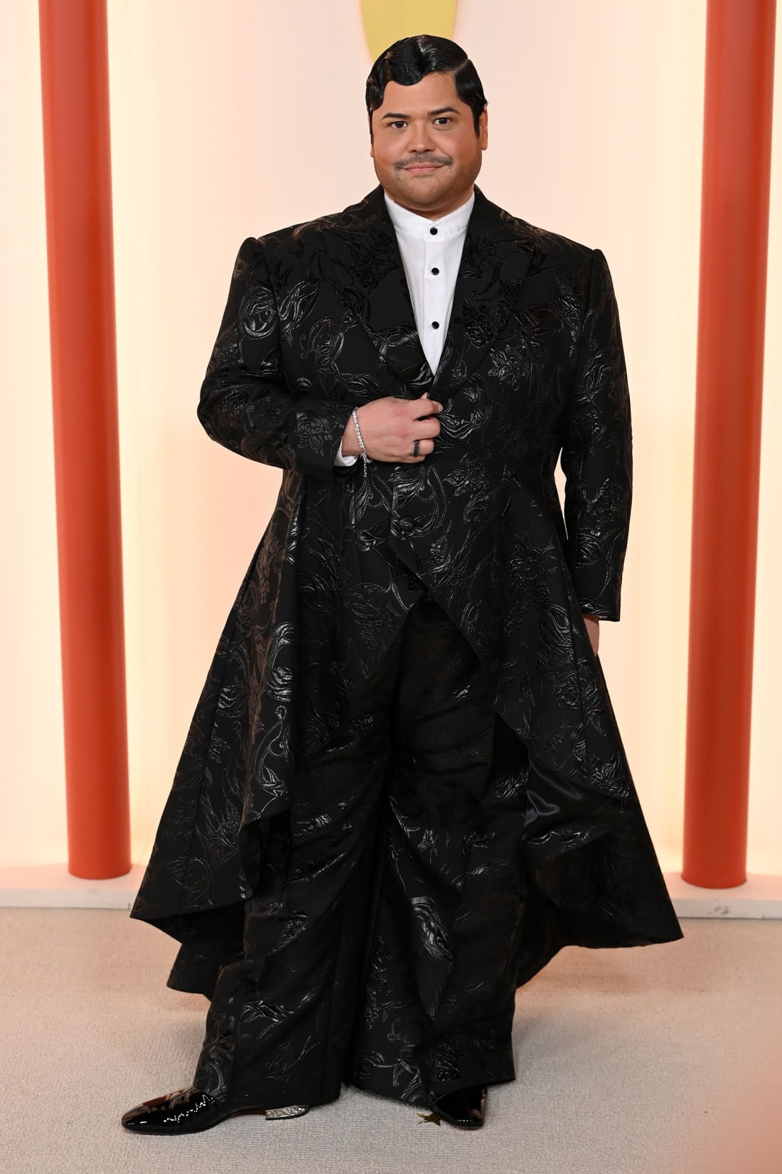 Harvey Guillen, who noted he was the first plus-sized male actor to be dressed by designer, put a twist on the traditional suit with a flared, embellished jacket by Christian Siriano.