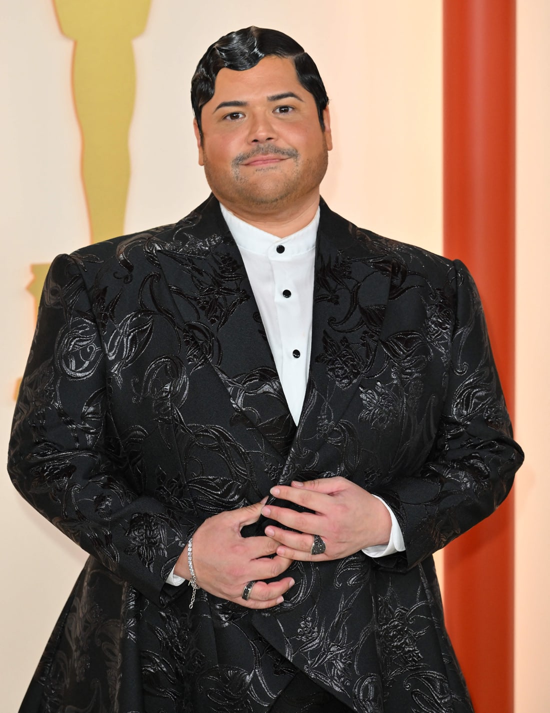 Harvey Guillen, who noted he was the first plus-sized male actor to be dressed by designer, put a twist on the traditional suit with a flared, embellished jacket by Christian Siriano.