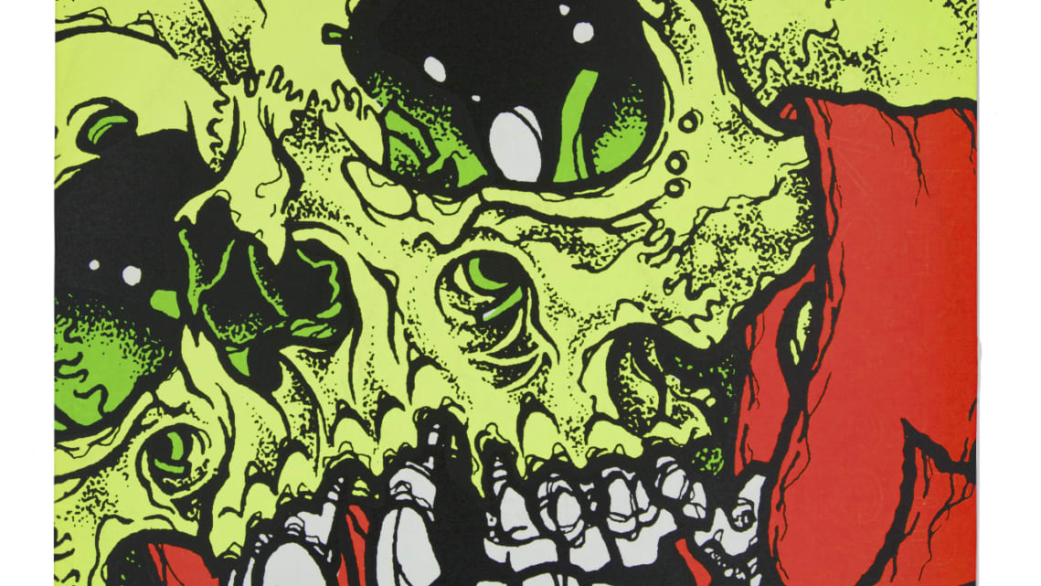 The sleeve for Stompede an EP by Tokyo band Saigan Terror  was designed by American artist Pushead -- the same man behind the Metallicas merchandise