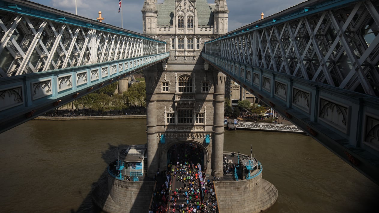 Tower Bridge, pictured here during the 2017 London Marathon, is one of the world's most famous bridges.