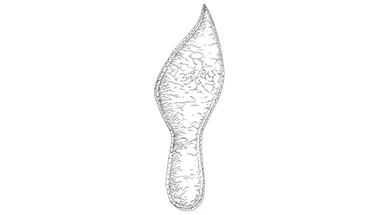 This illustration of the sole of an adult's shoe from late 14th century Cambridge in the UK depicts a pointed-toe shape. 