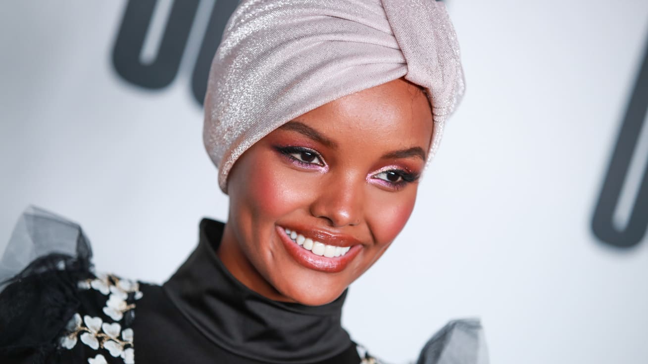 Halima Aden at the launch of Uoma Beauty in April 2019 in Los Angeles, California.