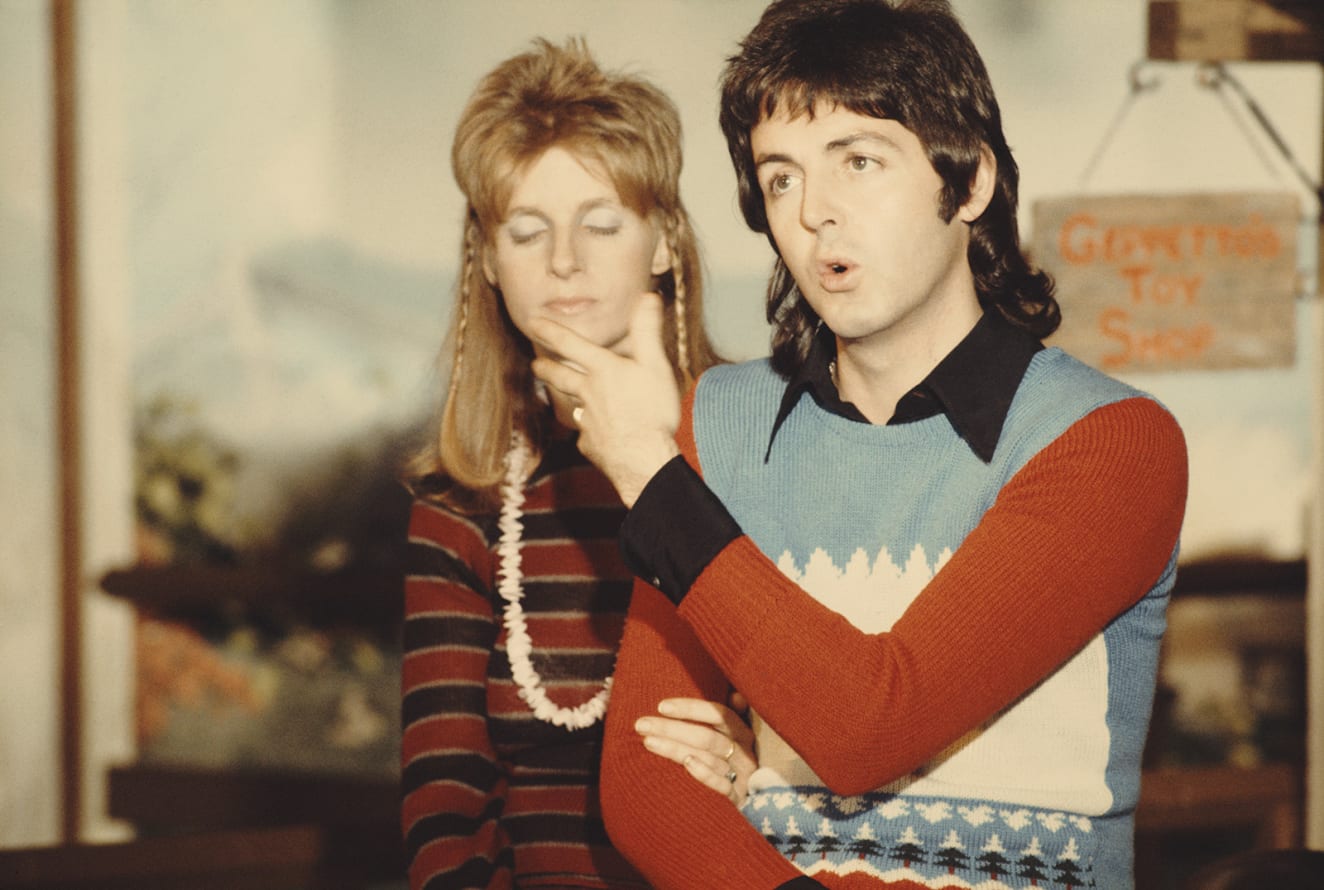 McCartney had a vibrant sweater collection, including this blue, white and red number which featured an embroidered ski jumper on the front, taken in 1973.