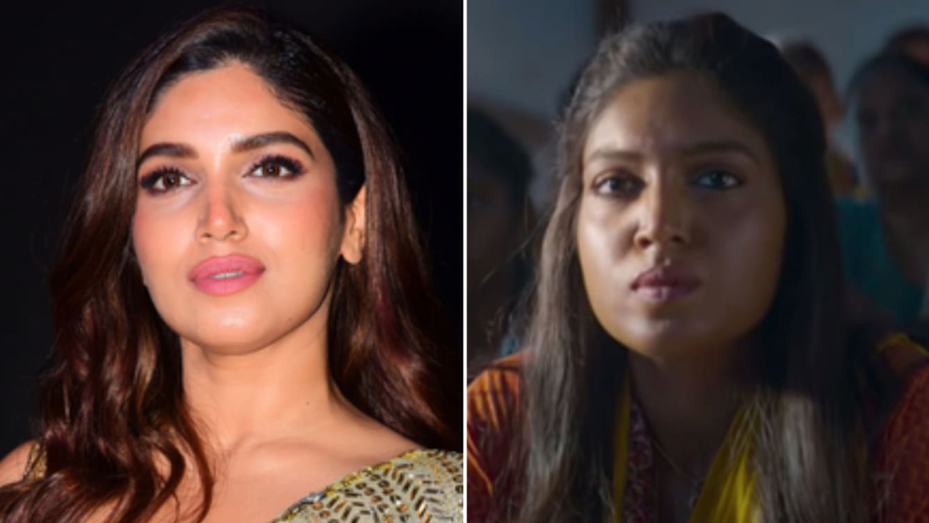 Actress Bhumi Pednekar before and after her skin was darkened to portray her character in the 2019 movie, 