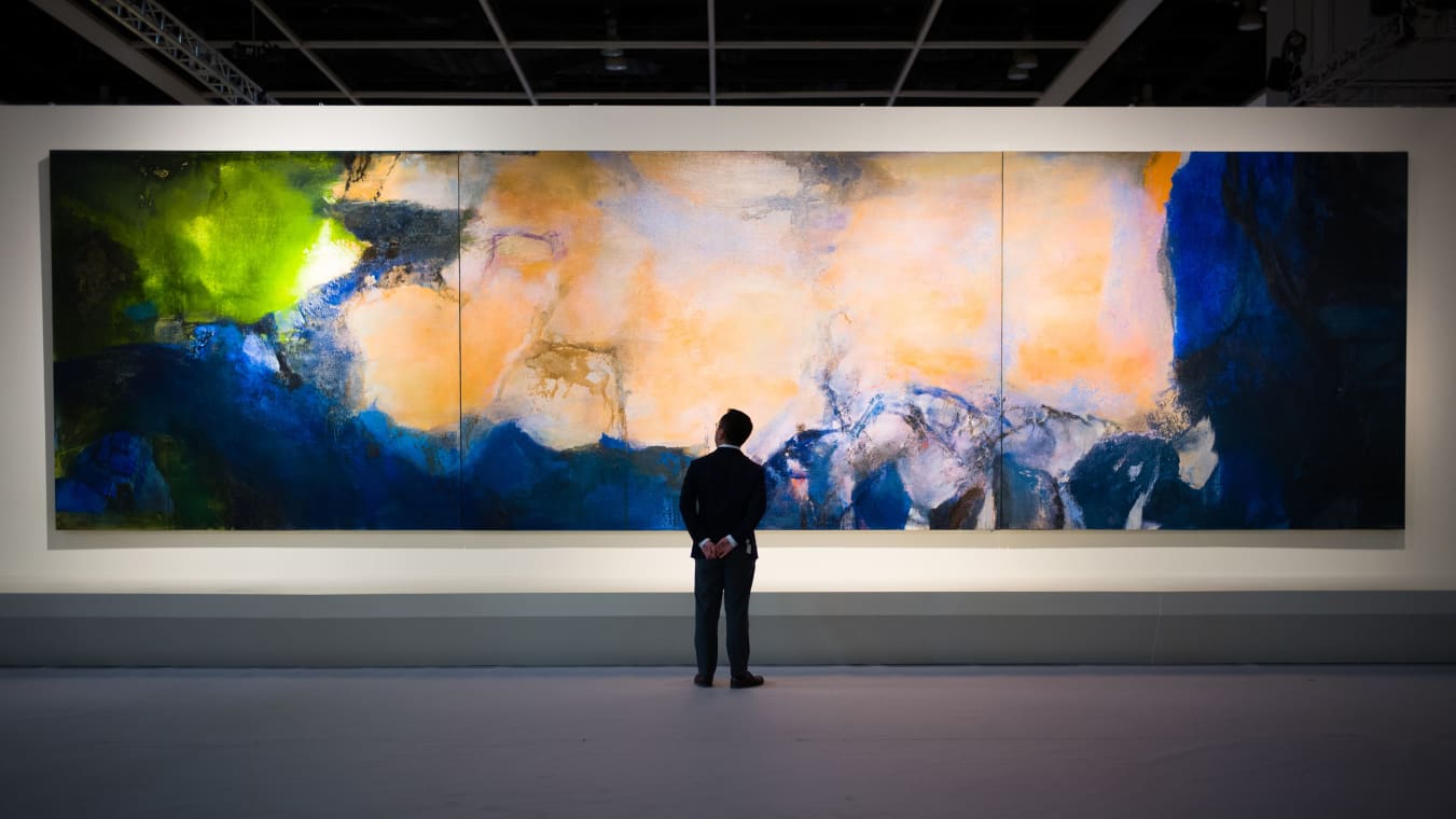 "Juin-Octobre 1985," by Chinese painter Zao Wou-Ki, pictured during a media preview for the piece at the Sotheby's auction house showroom in Hong Kong.