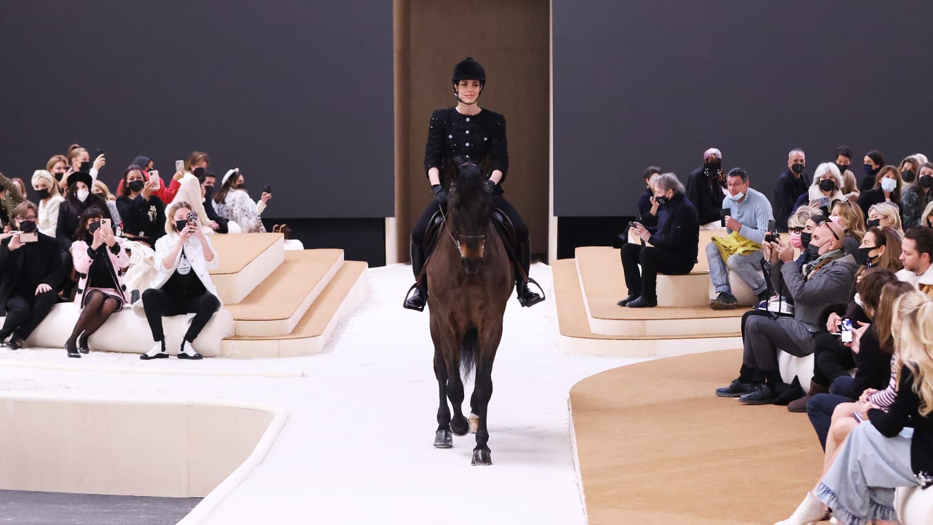 A model presents a creation of French fashion house Chanel's Spring/Summer 2022 Haute Couture collections during Paris Fashion Week in Paris, France, Jan. 25, 2022. (Photo by Gao Jing/Xinhua/Getty Images)