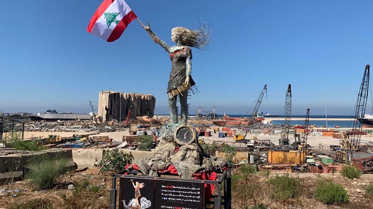 A Lebanese artist made a statue of a woman using glass and rubble from the Beirut port explosion
