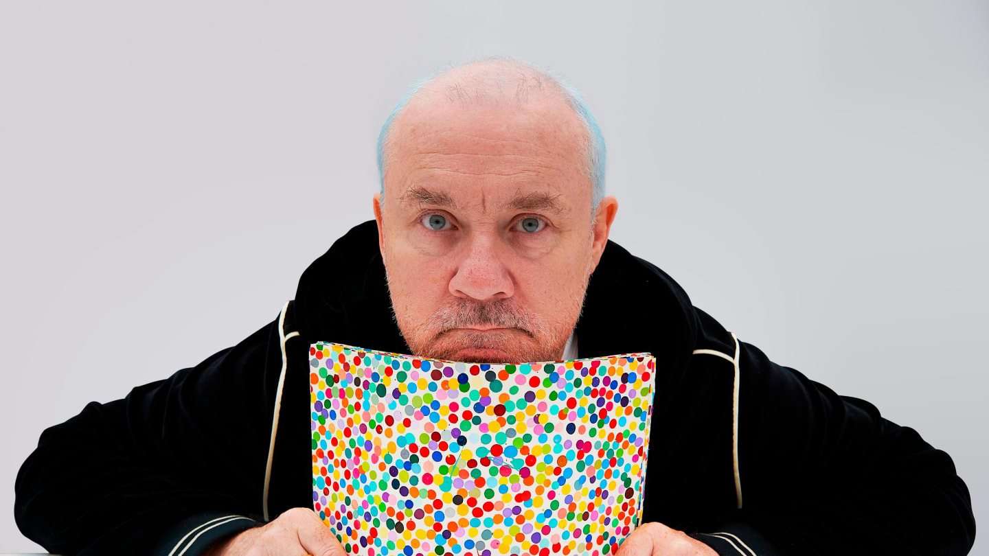 Damien Hirst with The Currency artworks. (Courtesy Prudence Cuming Associates Ltd.)
