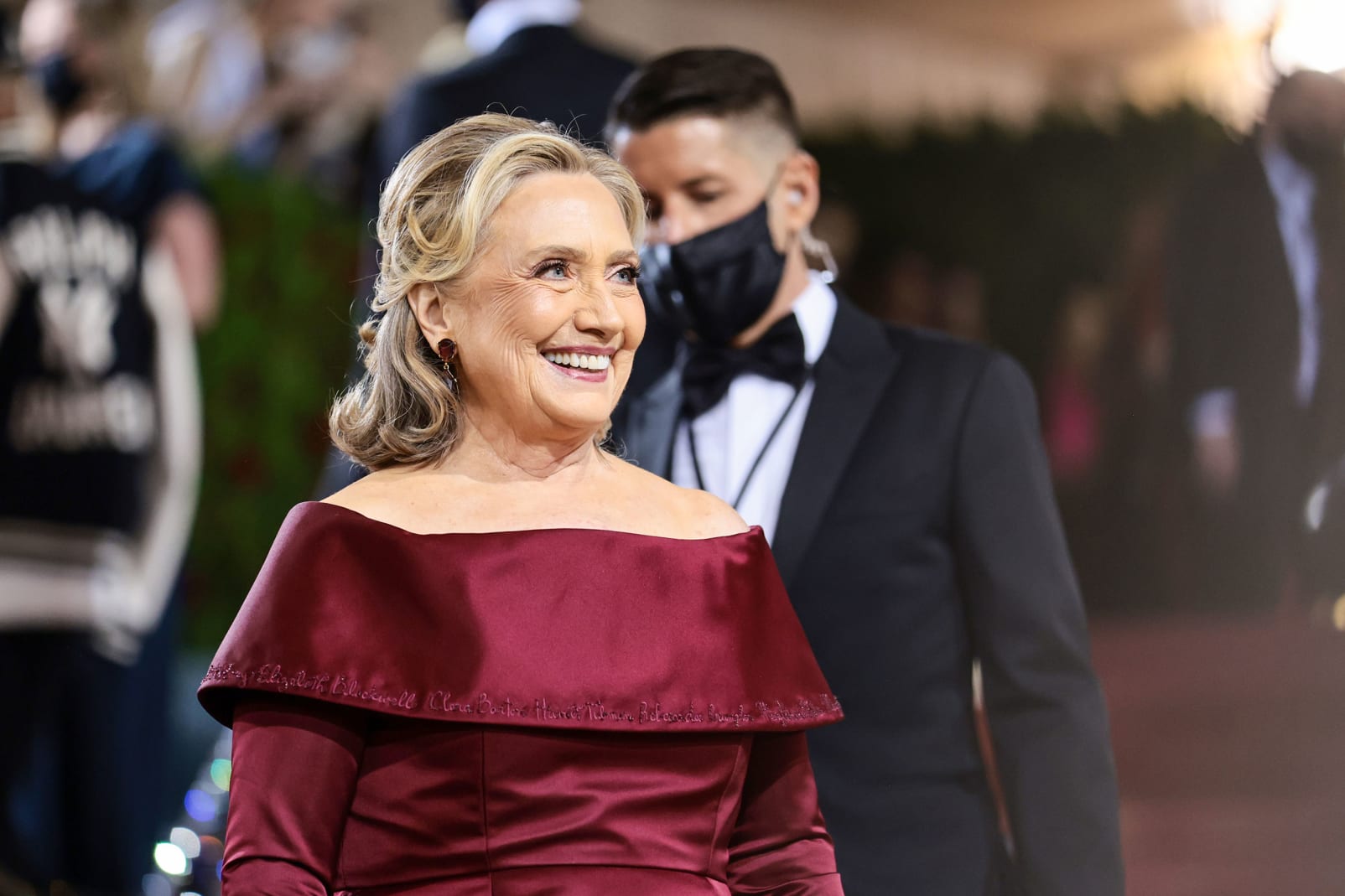 Hillary Clinton wore a custom Joseph Altuzarra design featuring the embroidered names of 60 women who inspire her, from Rosa Parks to her own mother. 