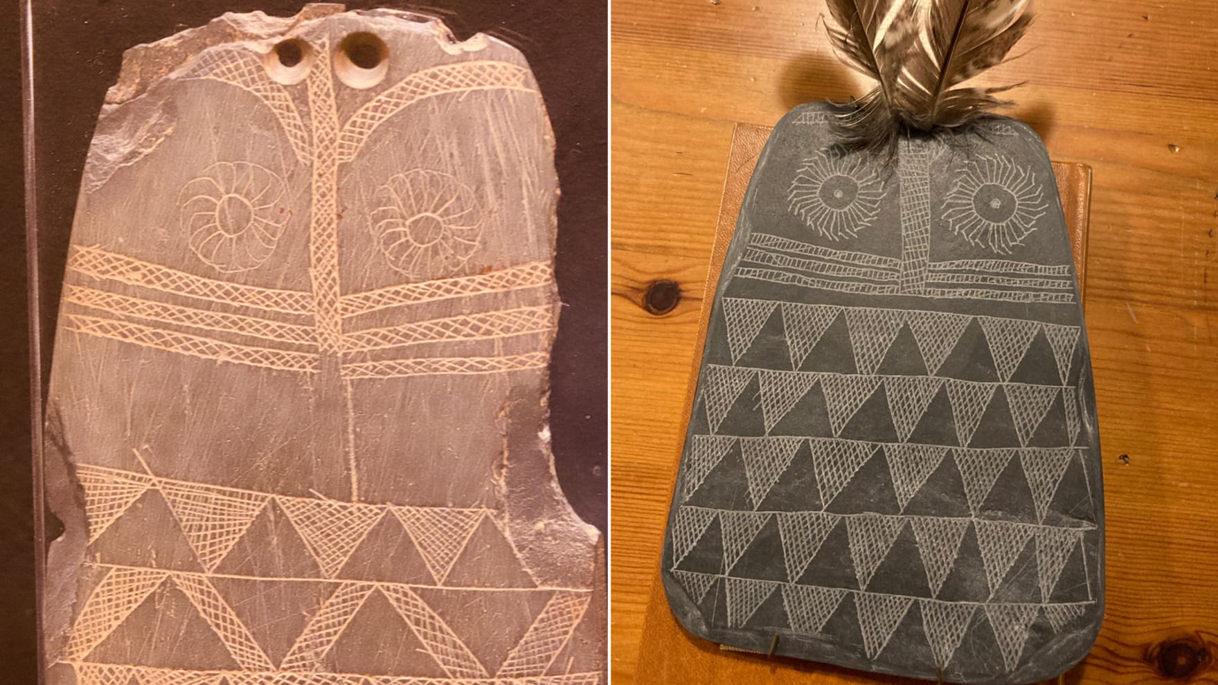 Original slate plaque modeled after an owl in the Museo de Huelva. Replica of the Valencina Slate Plaque with inserted owl feathers on the two drilled holes at the top of the plaque. 