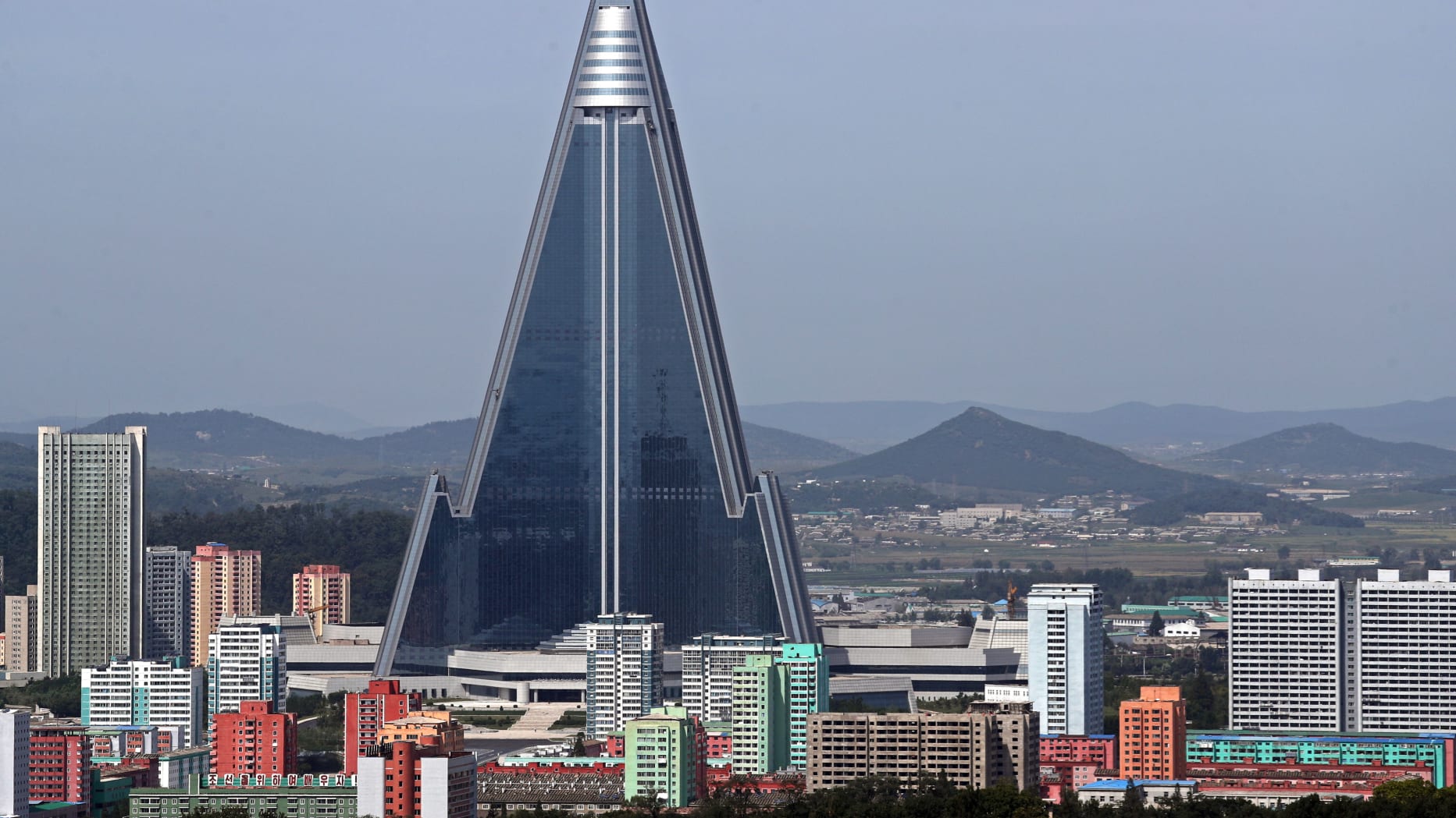 PYONGYANG, NORTH KOREA - SEPTEMBER 11, 2018: A view of the Ryugyong Hotel, a 105-story, 330-metre-tall pyramid-shaped skyscraper, in the city of Pyongyang. Alexander Demianchuk/TASS (Photo by Alexander Demianchuk\TASS via Getty Images)