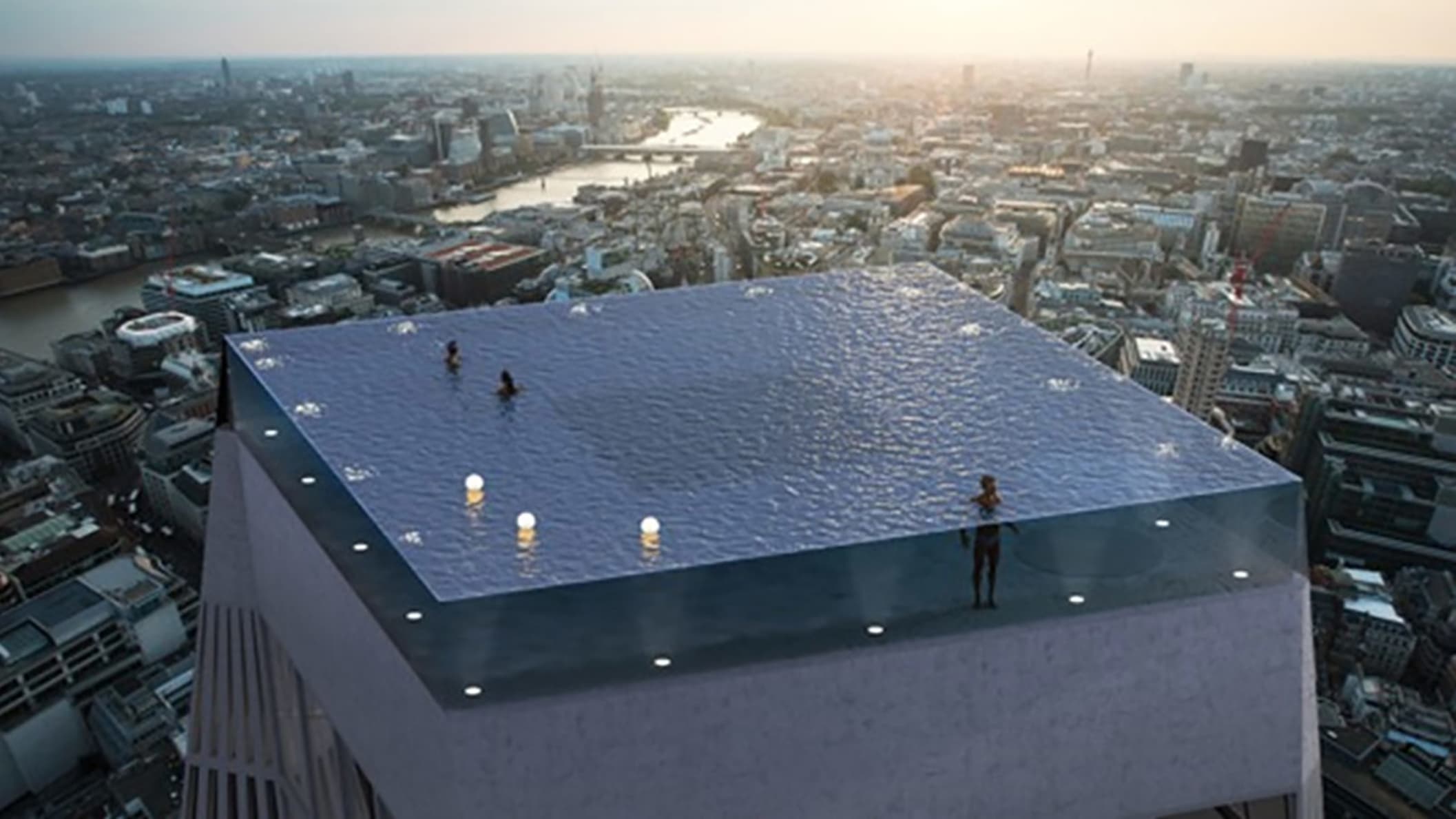 New designs have been unveiled for an infinity pool that would sit on top of a 55 storey skyscraper, with 360-degree views of London's skyline. 