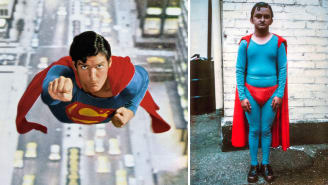 Left: Christopher Reeve as Superman in the 1978 blockbuster. Right: Kiran Shah in costume as Reeve's perspective flying double for the same film. The effects team had Shah wear a mask of Reeve's face when shooting scenes.
