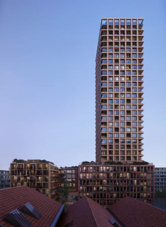The 100-meter-tall construction will follow a system which replaces a concrete core with wood. 