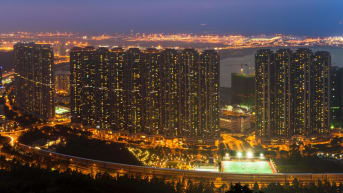 The Caribbean Coast complex in the Tung Chung district, completed in 2006, is an example of "wall-effect buildings" in Hong Kong.