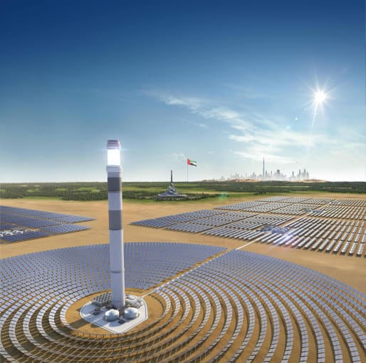 Un rendering digitale della torre solare concentrata progettata per il Mohammed Bin Rashid Al Maktoum Solar Park di Dubai.
