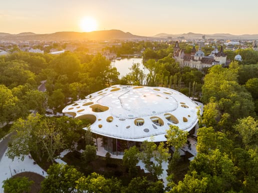 Shtëpia e Muzikës në Hungari në Budapest ka një çati të shpuar që lejon dritën të shkëlqejë brenda dhe pemët e brendshme të shikojnë jashtë.