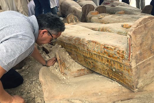 Antiquities minister Khaled El-Anany inspects                        the discoveries.