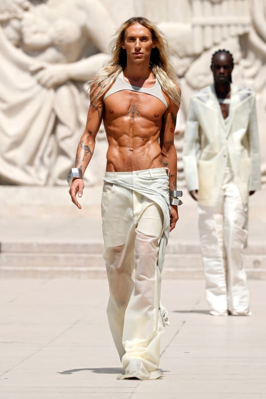 Scantily-clad bare chests were seen at Rick Owens menswear.